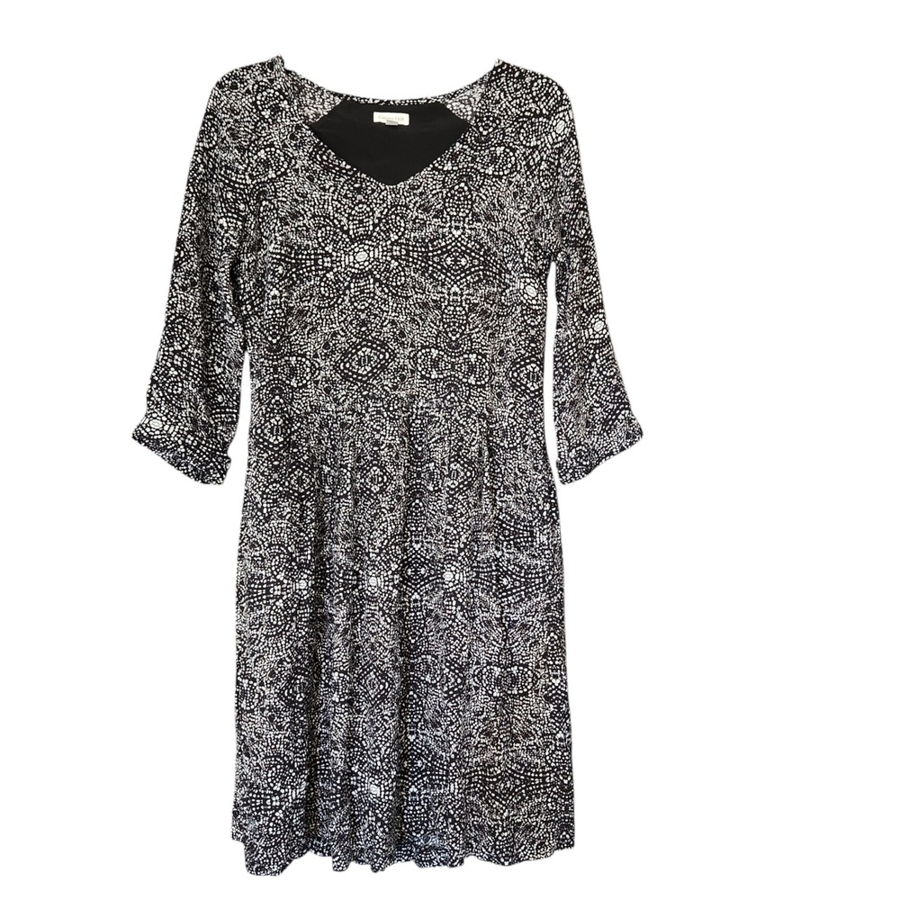 Garnet Hill Black White Abstract Print V-Neck A-Line Dress with Pockets Size 2